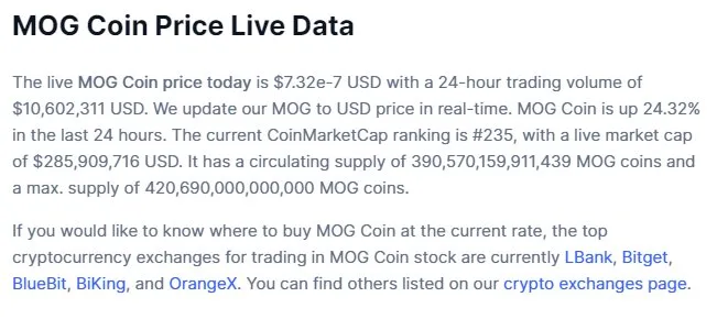 MOG Coin price data