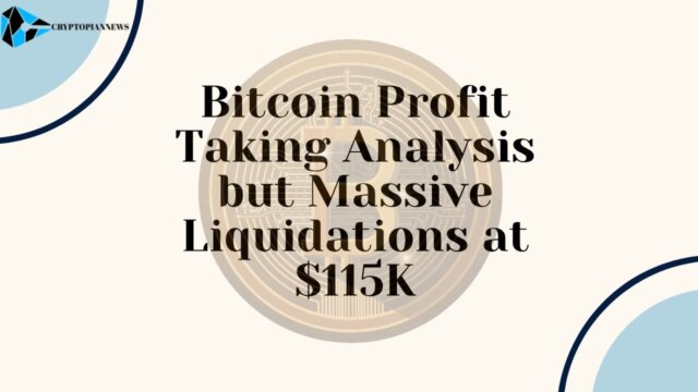 Bitcoin price chart showing profit-taking activity coinciding with a massive spike in liquidations at the $115,000 resistance level.