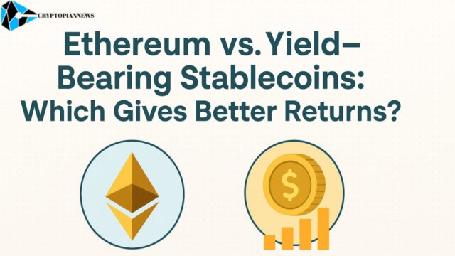 Illustration comparing Ethereum and stablecoin yields with icons of ETH logo and dollar coin on a light background
