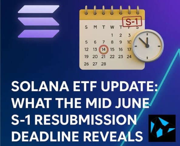 Solana logo, golden calendar circled at mid-June, clock at 11:55, and rising stock graph on blue-purple gradient background. Title: "Solana ETF Update: What the Mid June S-1 Resubmission Deadline Reveals".