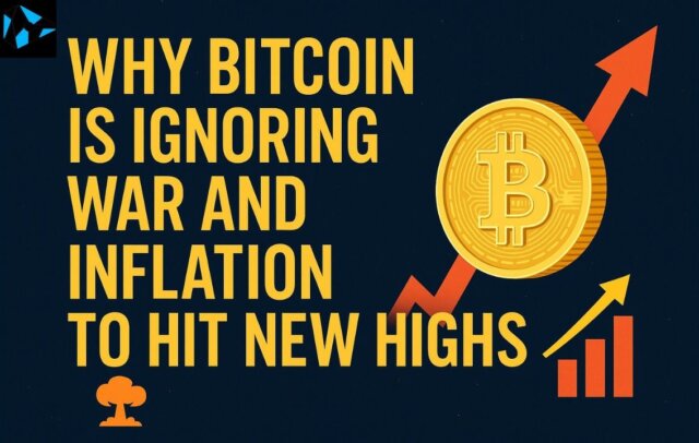 Bitcoin rising in value despite war and inflation, with upward arrow and explosion icon