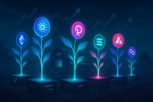 Glowing digital crops growing from interconnected blockchain nodes, with altcoin symbols as fruits against a dark futuristic backdrop.