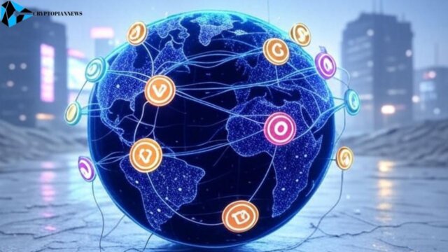 A futuristic digital globe with glowing blockchain nodes and connections representing supply chain tracking altcoins, set against a dark blue technological background.
