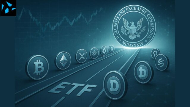 A digital pathway lined with 12 cryptocurrency logos, leading toward a glowing SEC seal against a backdrop of financial charts and blockchain patterns.