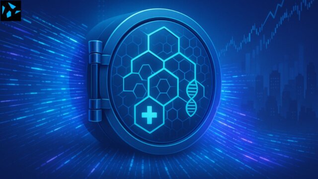 A glowing digital vault with blockchain patterns and medical symbols, surrounded by futuristic data streams, representing secure healthcare token investments.