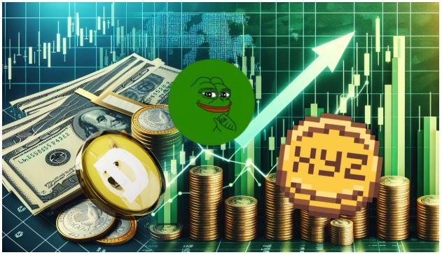 XYZVerse token glowing brightly, overshadowing faded Dogecoin and Pepe the Frog coin icons on a cosmic blockchain background