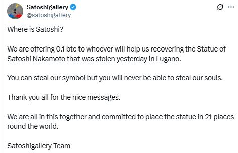 0.1BTC Reward for recovery of statue of Satoshi Nakamoto
