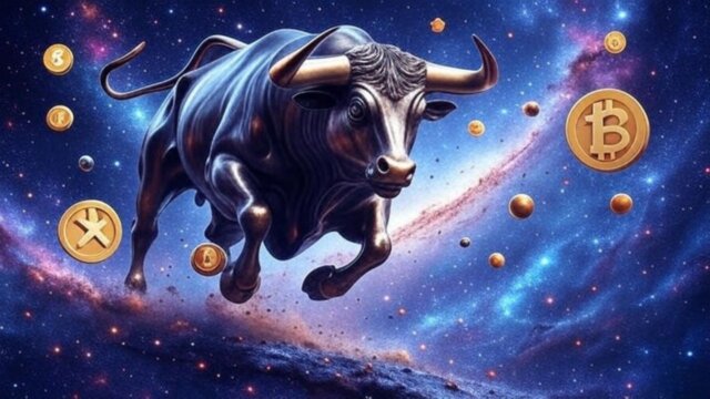 A powerful bull charging through a cosmic galaxy filled with XRP and altcoin stars, depicting the bullish wave in cryptocurrencies.