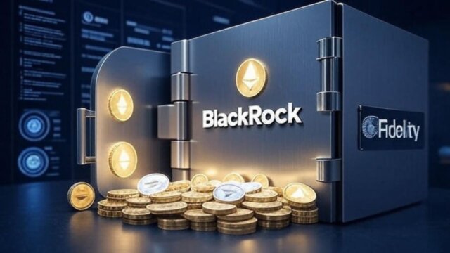 A vibrant digital chart displaying a sharp upward trend in Ethereum ETF inflows, with glowing green candlesticks and logos of BlackRock and Fidelity in the background, set against a sleek dark blue financial dashboard