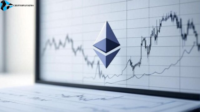 Digital financial chart with a rising trend line and Ethereum logo, symbolizing $729M in ETF inflows and ETH nearing its all-time high, set against a futuristic blockchain-inspired background.