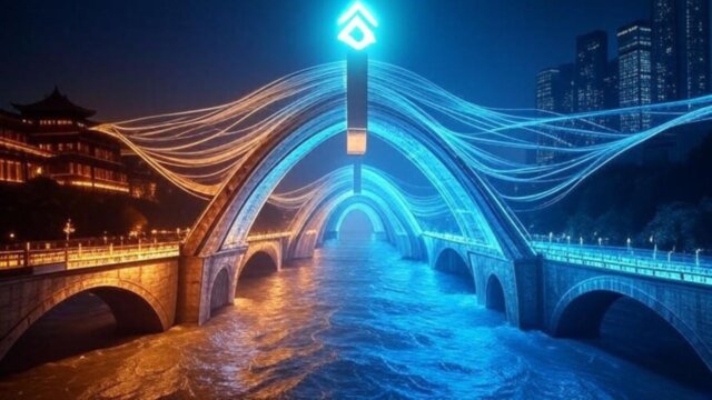 A digital illustration blending ancient Chinese architecture with modern cryptocurrency elements, symbolizing the launch of China's first regulated CNH stablecoin, AxCNH.