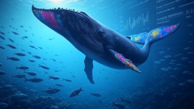 A massive whale silhouette rising from a digital ocean made of glowing blockchain data and Bitcoin symbols, representing large holders in cryptocurrency.