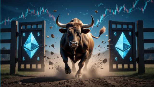 A powerful bull charging through gates made of Ethereum symbols, with illiquid supply chains breaking and futures charts climbing to $5,500.