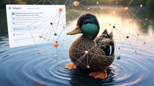 Illustration of a duck navigating a blockchain network on Telegram, showcasing DUCK token supply, utilities, and AI-powered use cases.