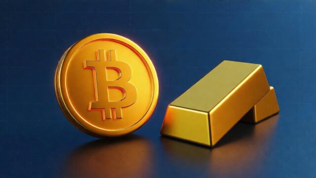 A glowing Bitcoin symbol and a gleaming gold bar face off in a futuristic digital arena, with market charts and price trends in the background.