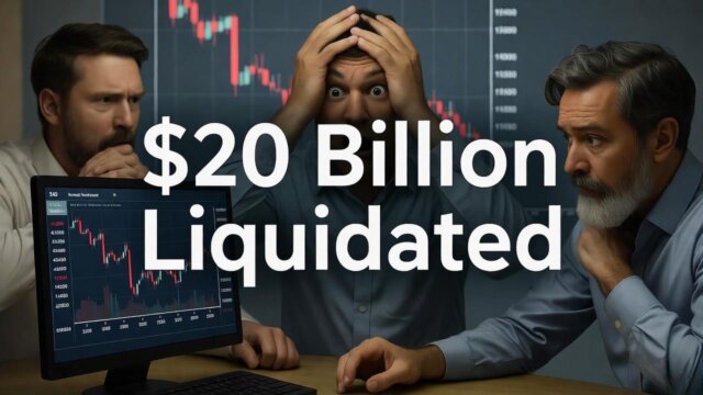 Dramatic red chart showing Bitcoin price crash with downward arrows and financial loss indicators