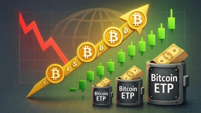 Illustration of Bitcoin symbols forming an upward arrow breaking through a CPI decline graph, with $921 million flowing into crypto ETPs on a green and gold background.
