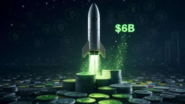 Rocket launching with crypto elements, symbolizing the $6B inflow record in digital assets.