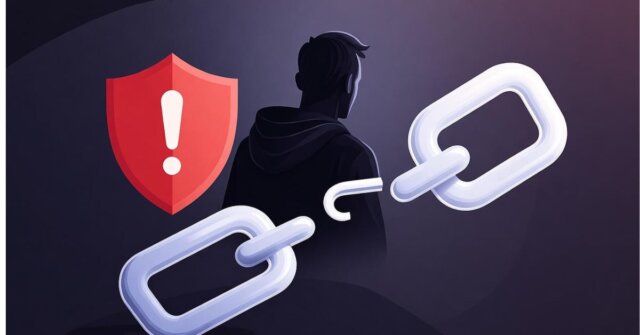 Illustration of a broken blockchain chain with scam hooks and a red warning shield, symbolizing crypto scams to avoid in 2025