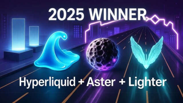 Futuristic digital illustration of three DEX platforms—Hyperliquid as a blue liquid wave, Aster as a cosmic asteroid, and Lighter as a swift feather drone—competing in a neon-lit race to determine the 2025 winner, with holographic podiums and blockchain finish line