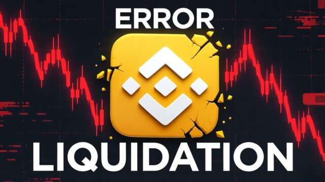 Futuristic depiction of a dark trading room with frozen screens displaying Binance errors and panicked holographic charts