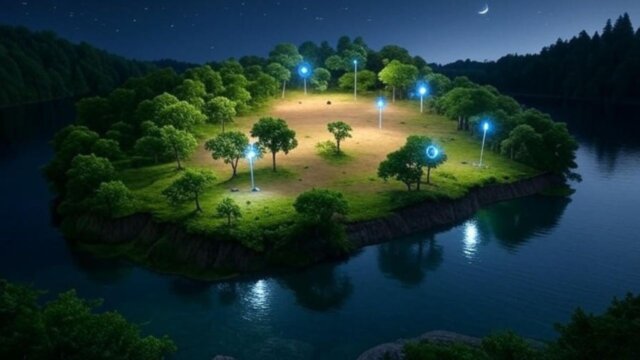 Serene, isolated network of secure nodes in a digital wilderness, representing offline crypto storage away from online hype.