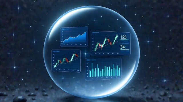 Crystal ball revealing Bitcoin price charts and onchain metrics post-$20 billion liquidation, symbolizing future market moves.