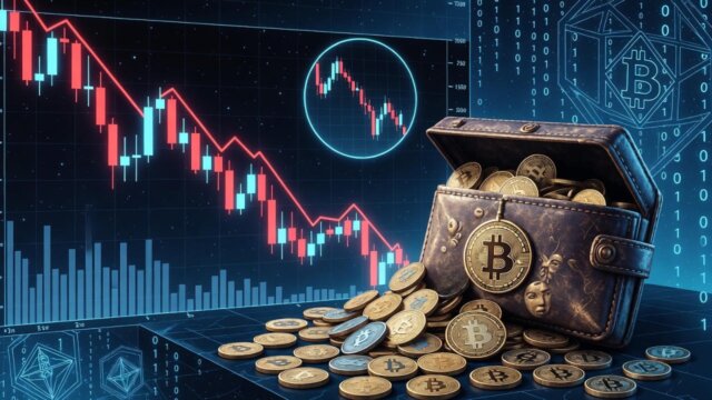 Golden Bitcoin coins stacked in front of a declining cryptocurrency market chart, representing Satoshi-era wallet impacts.