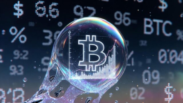 Illustration of a Bitcoin symbol trapped in a translucent bubble, overlaid with a logarithmic price chart and Diaman Ratio trend line, symbolizing market bubble analysis.