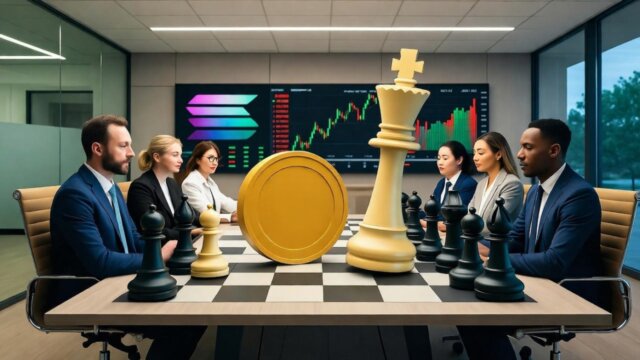 Boardroom illustration of institutions strategically shifting capital from Bitcoin to Solana ETFs