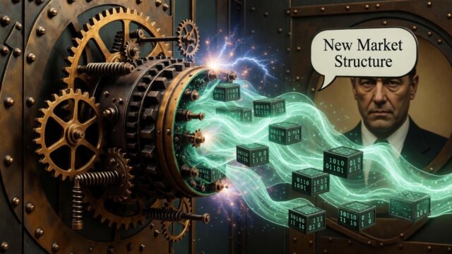 Horizon landscape where traditional crypto cycle paths fade into a new, expansive market structure, inspired by Bitwise CEO's explanation.