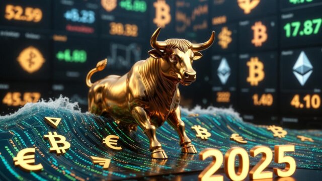 A golden bull statue standing triumphantly on waves of digital code and cryptocurrency symbols, with 2025 in the foreground, evoking the largest bull market in crypto history.
