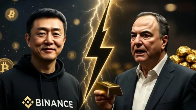 Changpeng Zhao (CZ) on the left in black Binance hoodie and Peter Schiff on the right holding a gold bar, split by a lightning bolt, dark stage background from Binance Blockchain Week