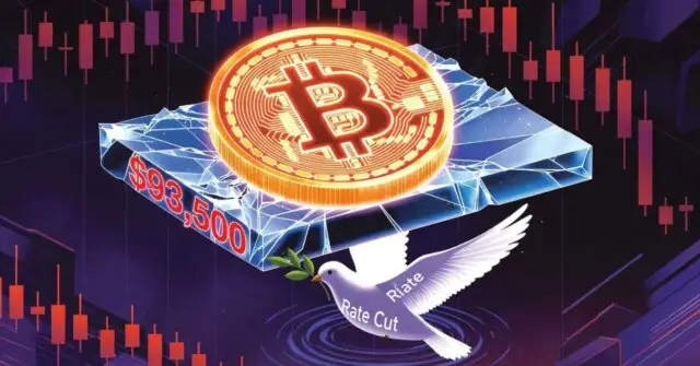 Bitcoin bull with dove wings crashing into a brick wall labeled $93,500