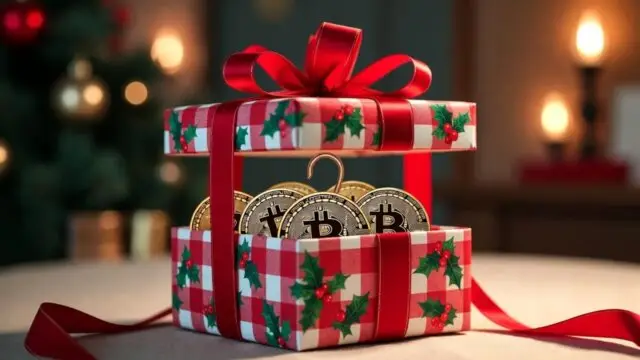 Illustration of a festive Christmas gift box wrapped in red ribbon, containing Bitcoin symbols and a hidden phishing hook, warning about crypto scams during holidays