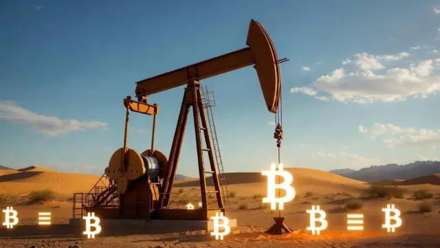 Oil pump jack extracting glowing Bitcoin symbols instead of oil in a desert landscape, symbolizing Middle Eastern petrodollar investment in cryptocurrency