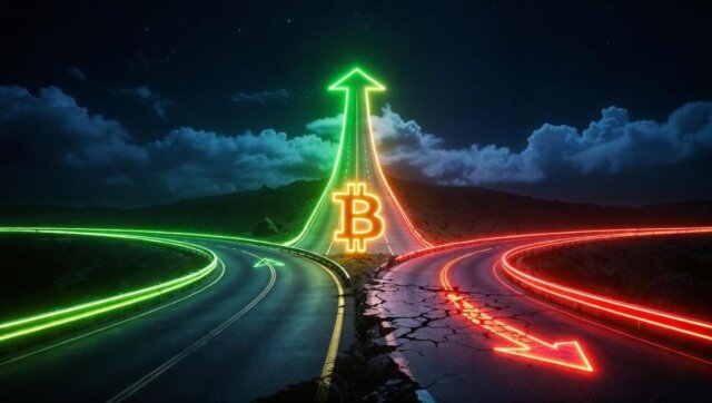 A dramatic fork in a neon-lit cyber-road at night: one path glowing bullish green leading upward into the clouds, the other path cracked and red leading downward into darkness, with a massive glowing Bitcoin symbol floating at the decision point.