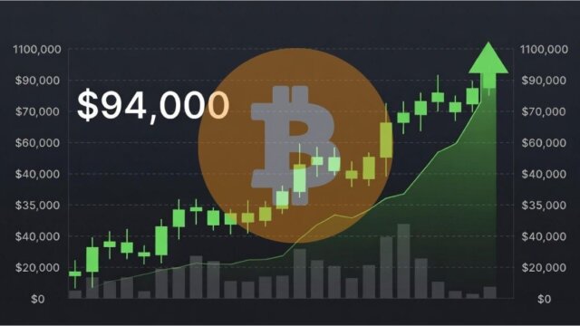 Bitcoin price chart surging past $94,000 milestone with bullish green candlesticks and upward arrow, symbolizing rally despite CLARITY Act delay