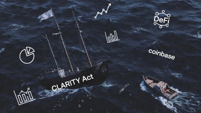 Digital illustration of a ship labeled 'CLARITY Act' sinking in turbulent waters, with Coinbase logo as a lifeboat pulling away and DeFi icons floating nearby.