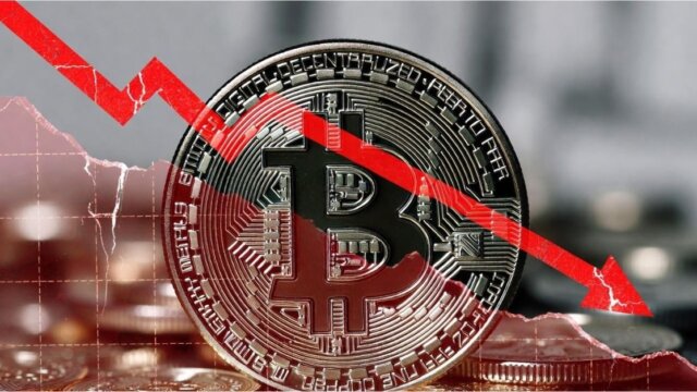Golden Bitcoin coin with red cracks and downward trend overlay representing corporate losses