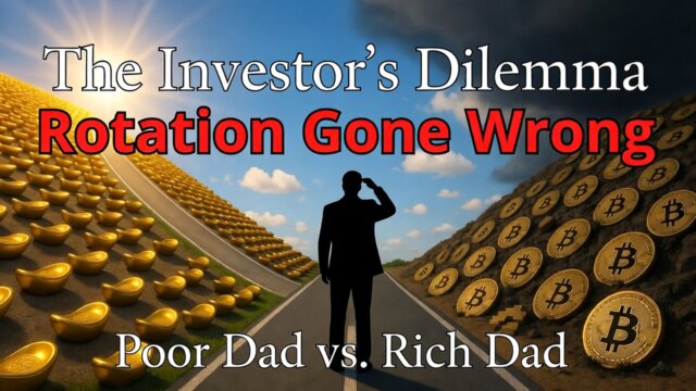 Split-image of two paths: one with shining gold leading to success, the other with fading Bitcoin symbols, illustrating a poor dad's investment mistake.