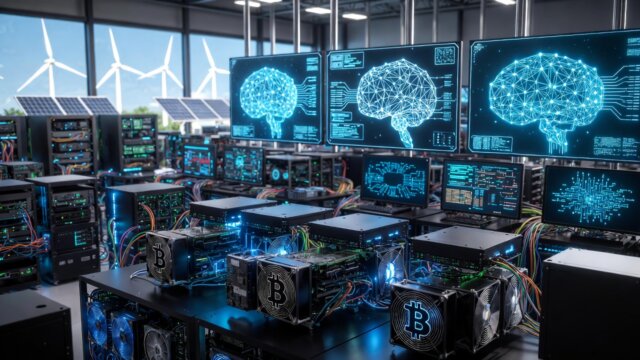 Futuristic data center showing Bitcoin mining rigs transforming into AI neural networks powered by renewable energy sources like solar panels and wind turbines