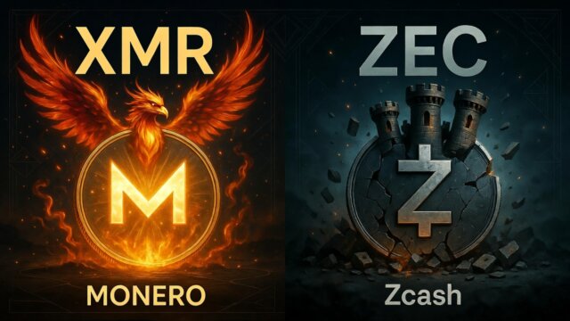 Split digital illustration comparing Monero and Zcash cryptocurrencies in 2026, showing a rising phoenix from a glowing XMR coin on one side and a crumbling castle from a fractured ZEC coin on the other, symbolizing Monero's outperformance after Zcash's governance crisis.