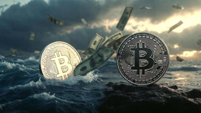 Two contrasting stablecoins facing off: an offshore coin in turbulent waters versus a U.S. regulated coin on solid ground, with money streams flowing between them.