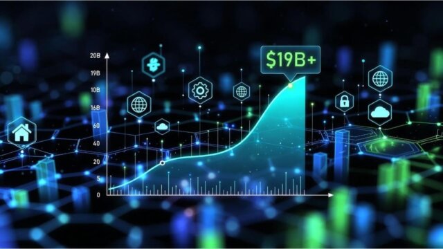 Illustrative growth chart showing tokenized Real World Assets (RWAs) surpassing $19 billion in total value, symbolizing the rise of blockchain finance.