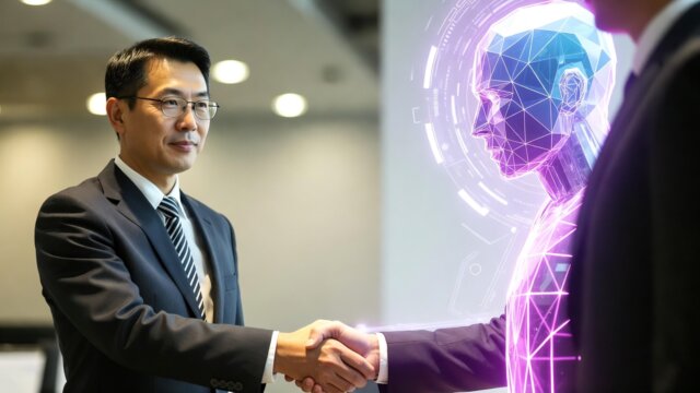 Illustration of a handshake between a suited banker and a digital XRP avatar, symbolizing TradFi's role in the 2026 rally.