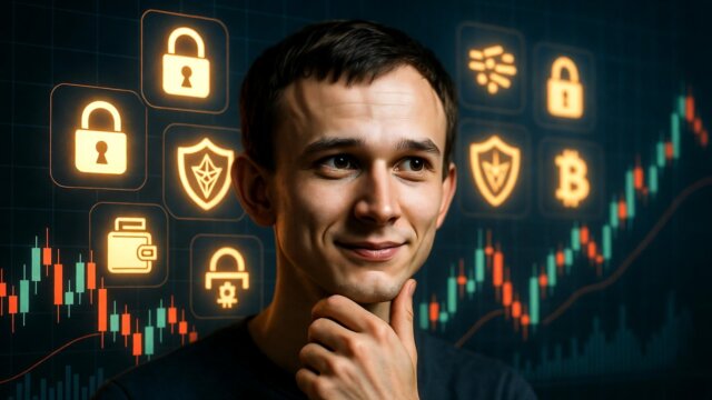 Portrait of Vitalik Buterin with privacy shields and crypto elements contrasting leverage trading charts in a futuristic 2026 setting.