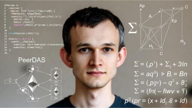 Portrait of Vitalik Buterin with overlaid Ethereum scaling elements including PeerDAS and Zero-Knowledge Proofs