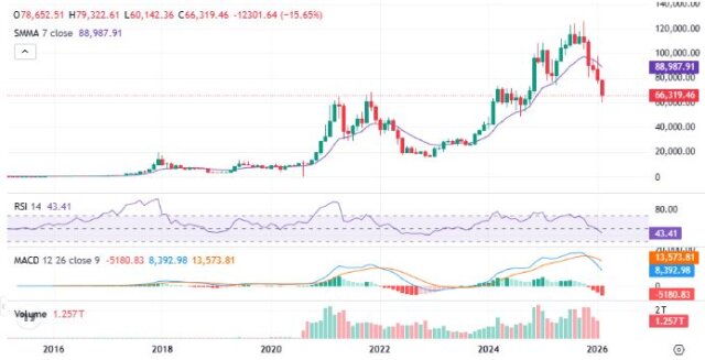 Bitcoin monthly price chart as bitcoin below $67k 