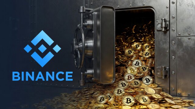 Binance logo with secure vault filled with Bitcoin coins, representing the SAFU fund's $100 million Bitcoin purchase and ongoing conversion from stablecoins in 2026